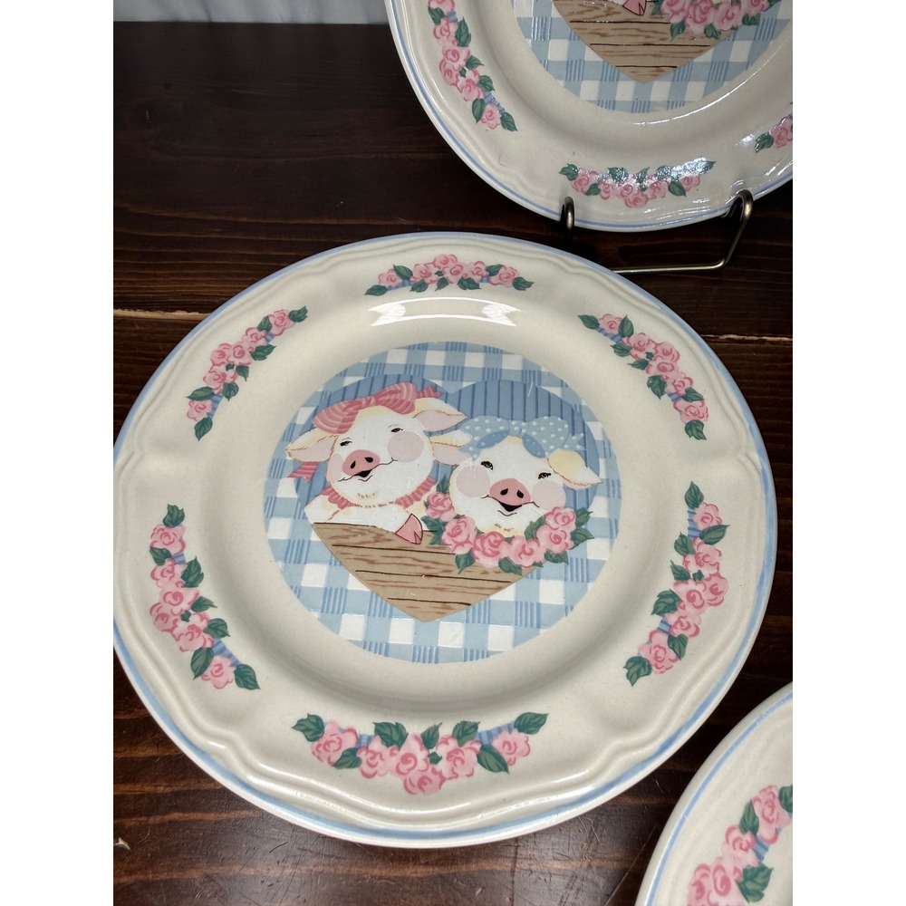VTG Tienshan Stoneware Pig Pals Salad Plates Set of 4 Country Farmhouse  7.5 in - Picture 8 of 8